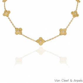 Van Cleef & Arpels Limited Edition Yellow Gold Diamond Vintage Alhambra 10 Motif Necklace Van Cleef & Arpels Limited Edition Yellow Gold Diamond Vintage Alhambra 10 Motif Necklace